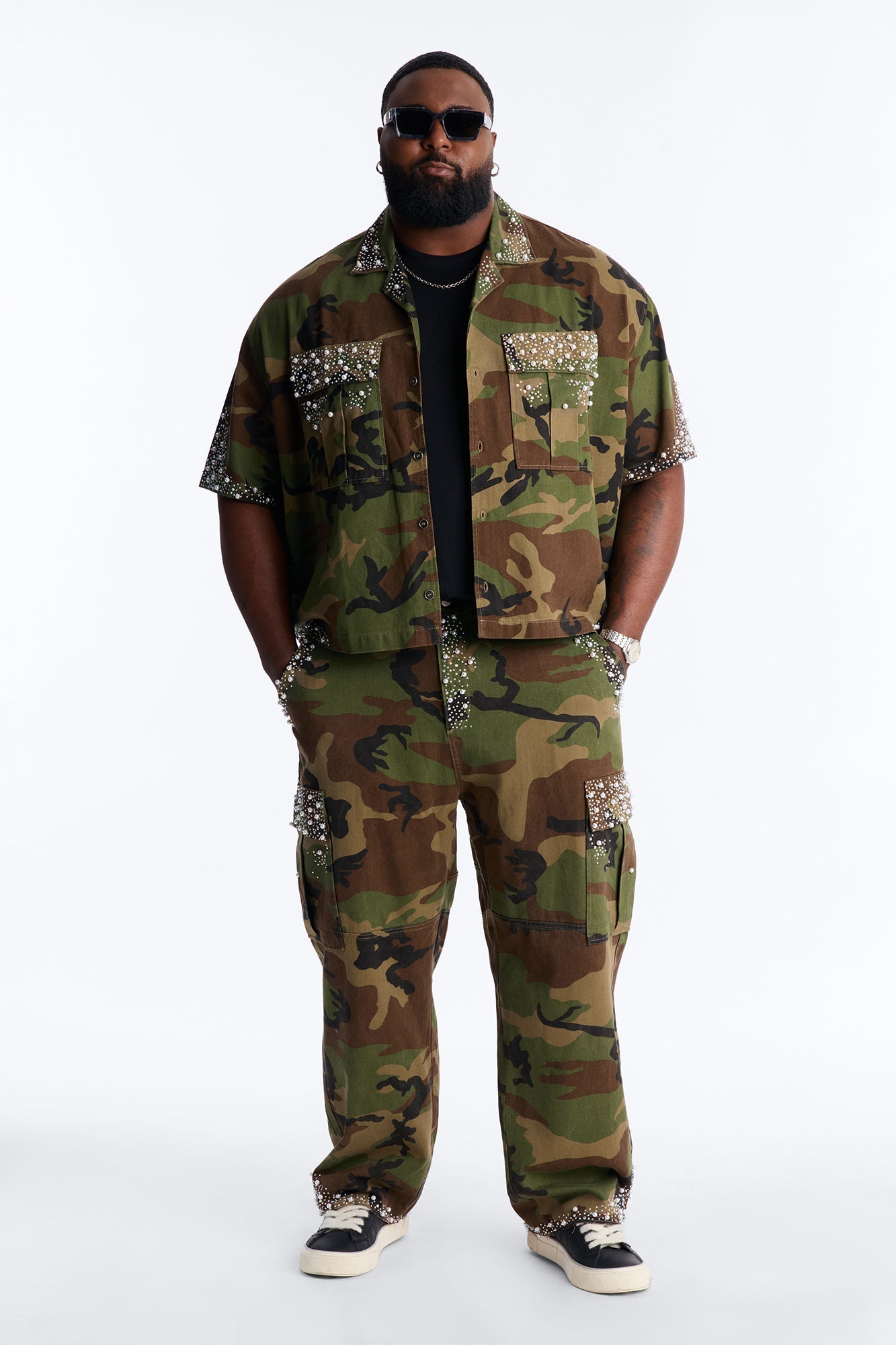 Baggy Pearl World Embellished Pant - Camouflage