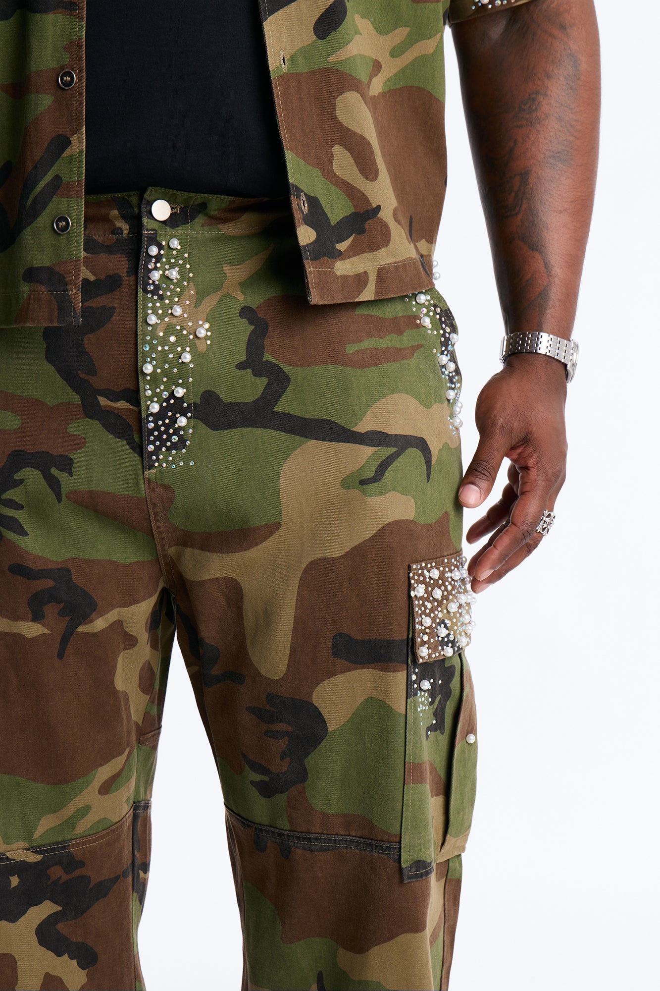 Baggy Pearl World Embellished Pant - Camouflage