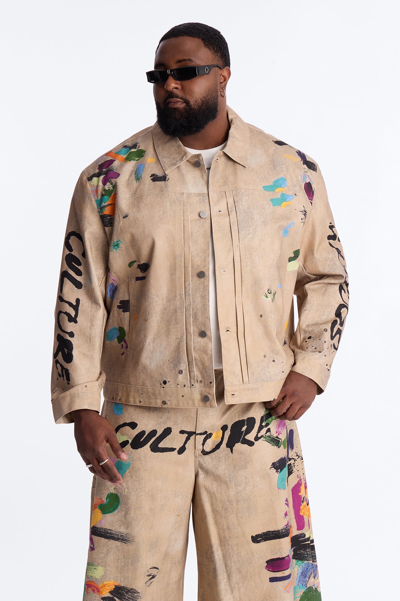 Cropped Culture Society Paint Splatter Boxy Work Jacket - Khaki