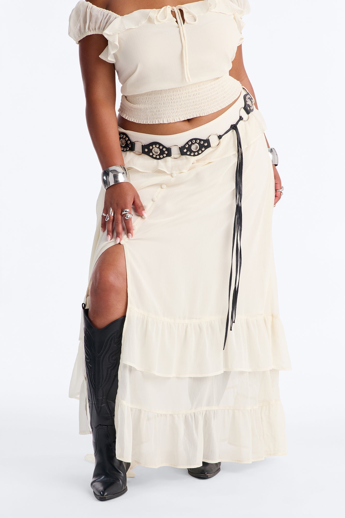 Odessa Ruffle Belted Maxi Skirt Set - Cream