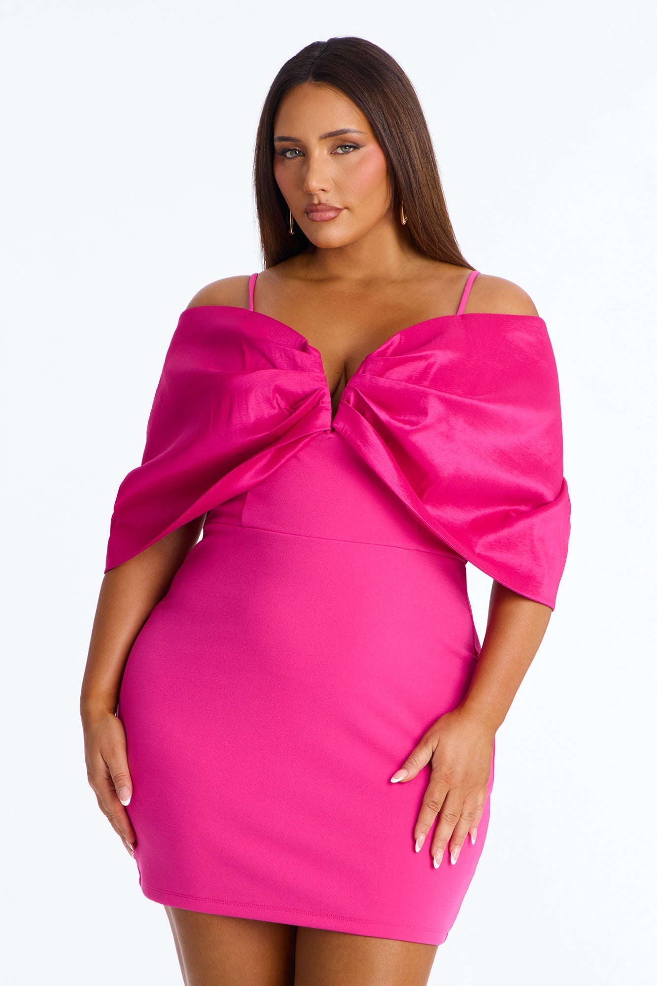 Audrina Pleated Bow Mini Dress - Fuchsia NEWFASHIONEDGE