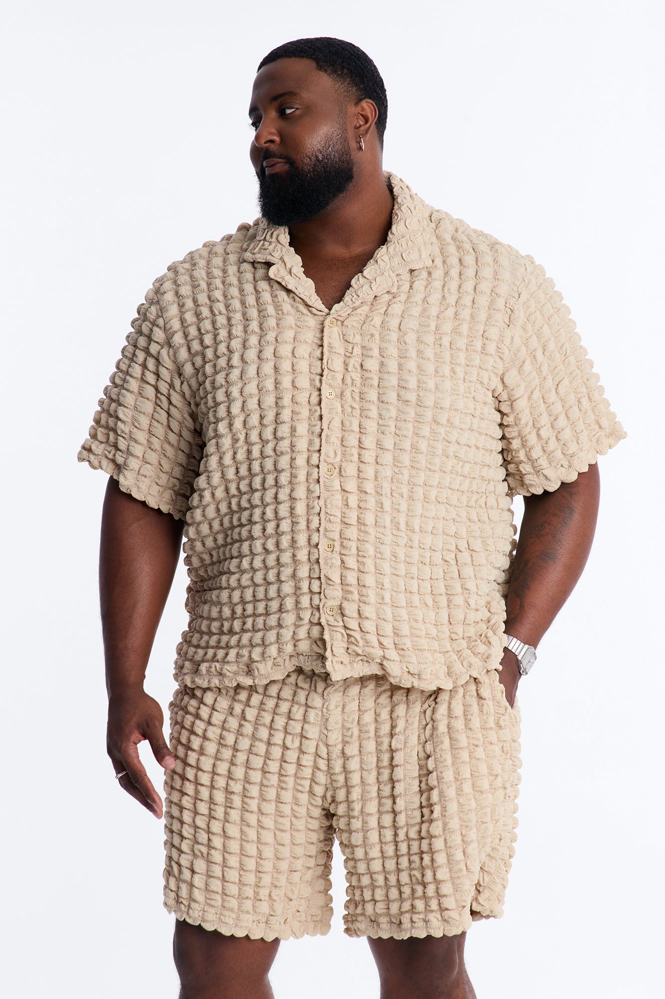 Relaxed Effervesce Textured Button Up Shirt - Tan