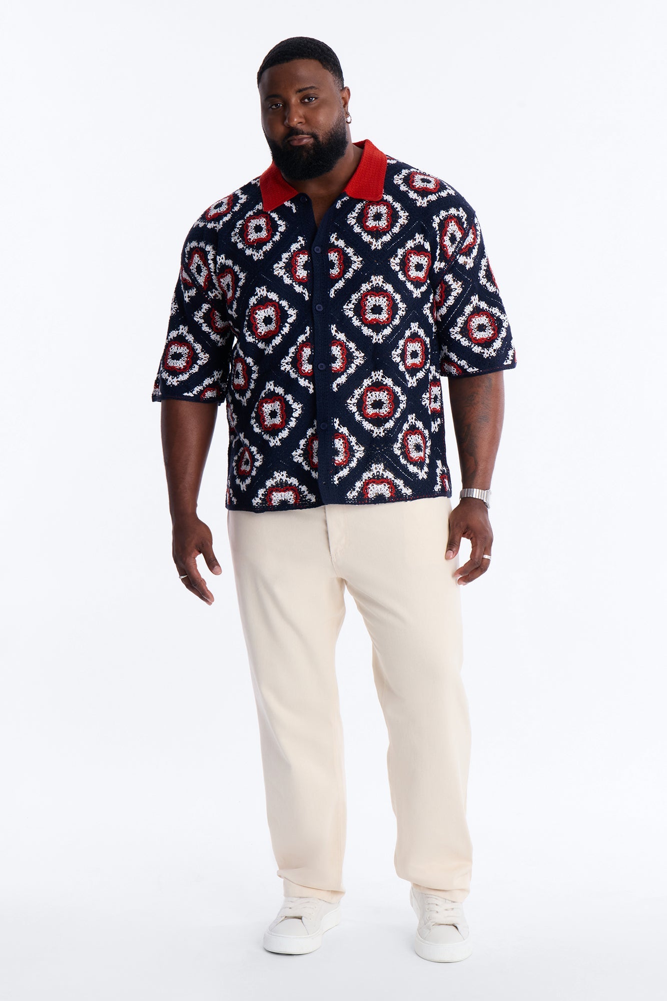 Kaleido Bloom Crochet Button Up Shirt - Navy
