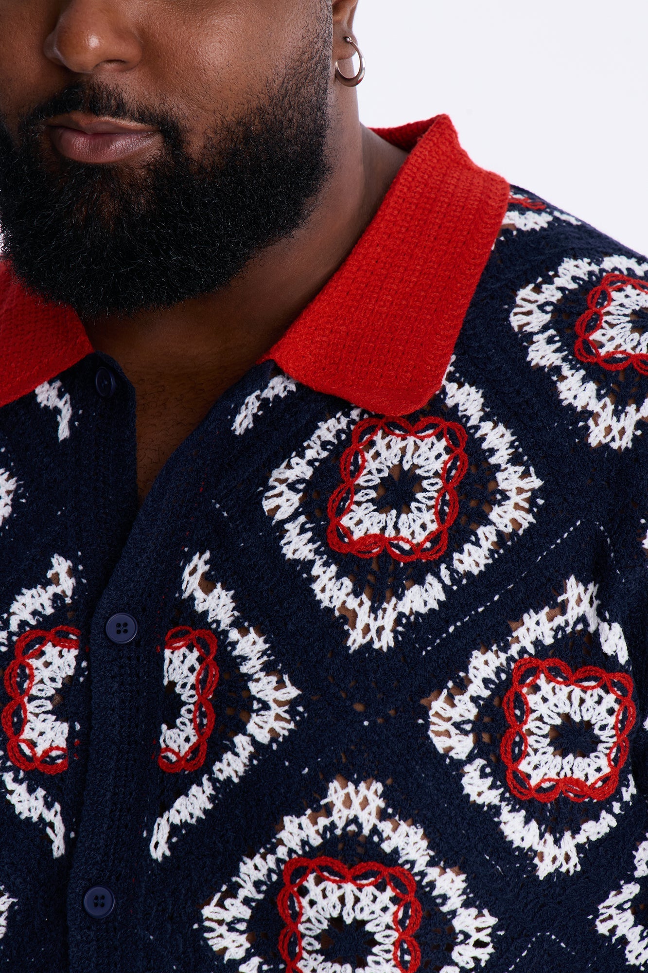 Kaleido Bloom Crochet Button Up Shirt - Navy