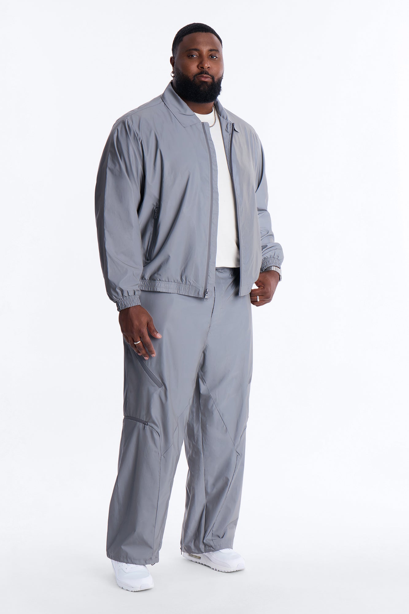 Cropped Relaxed Reflective Zip Bomber Jacket - Silver