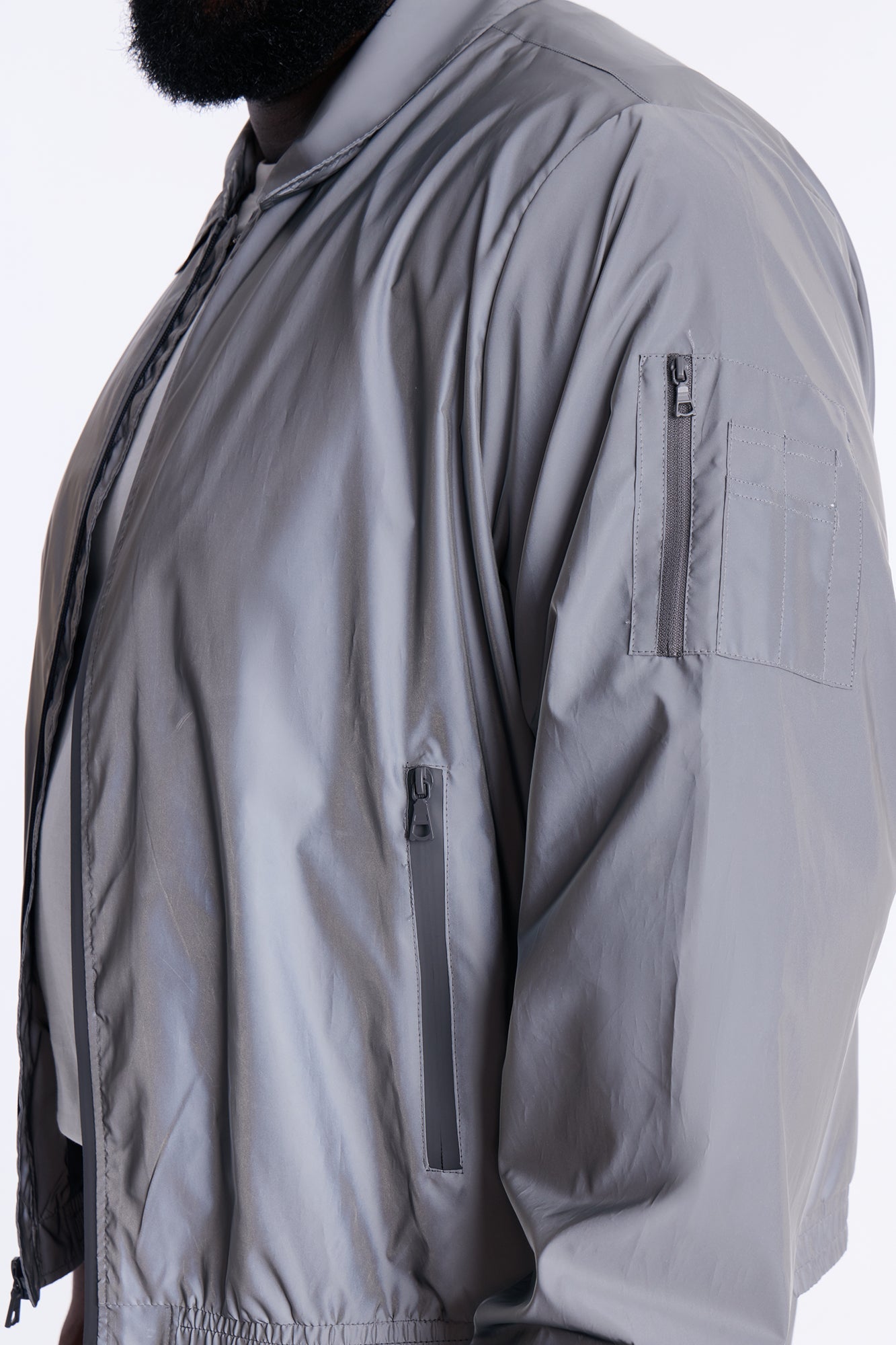 Cropped Relaxed Reflective Zip Bomber Jacket - Silver