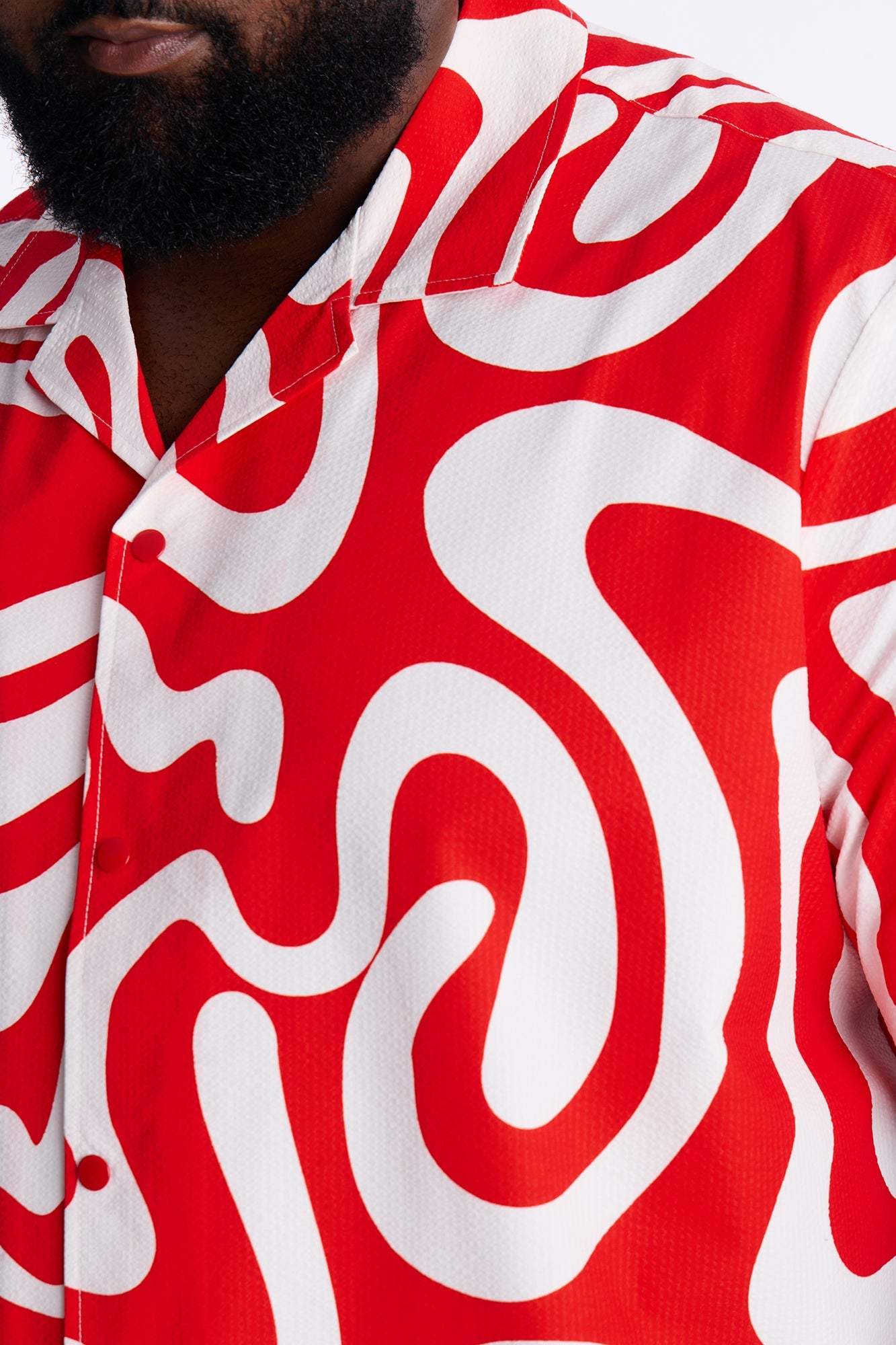 Relaxed Groovy Abstract Printed Seersucker Cuban Collar Button Up Shirt - Red