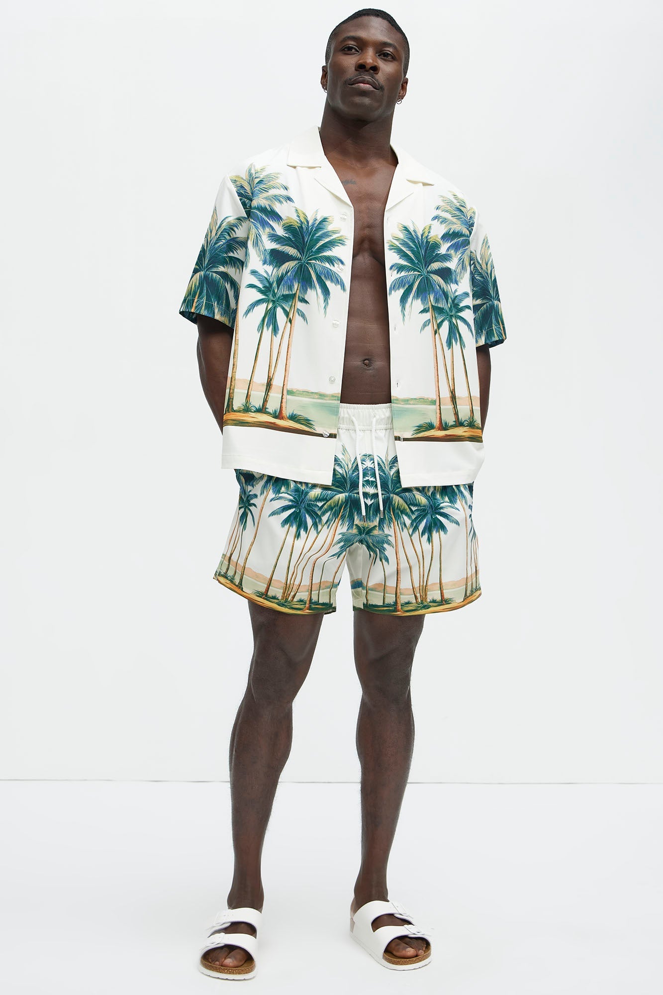 Moulay Palm Printed Swim Mid Trunk - Cream/combo