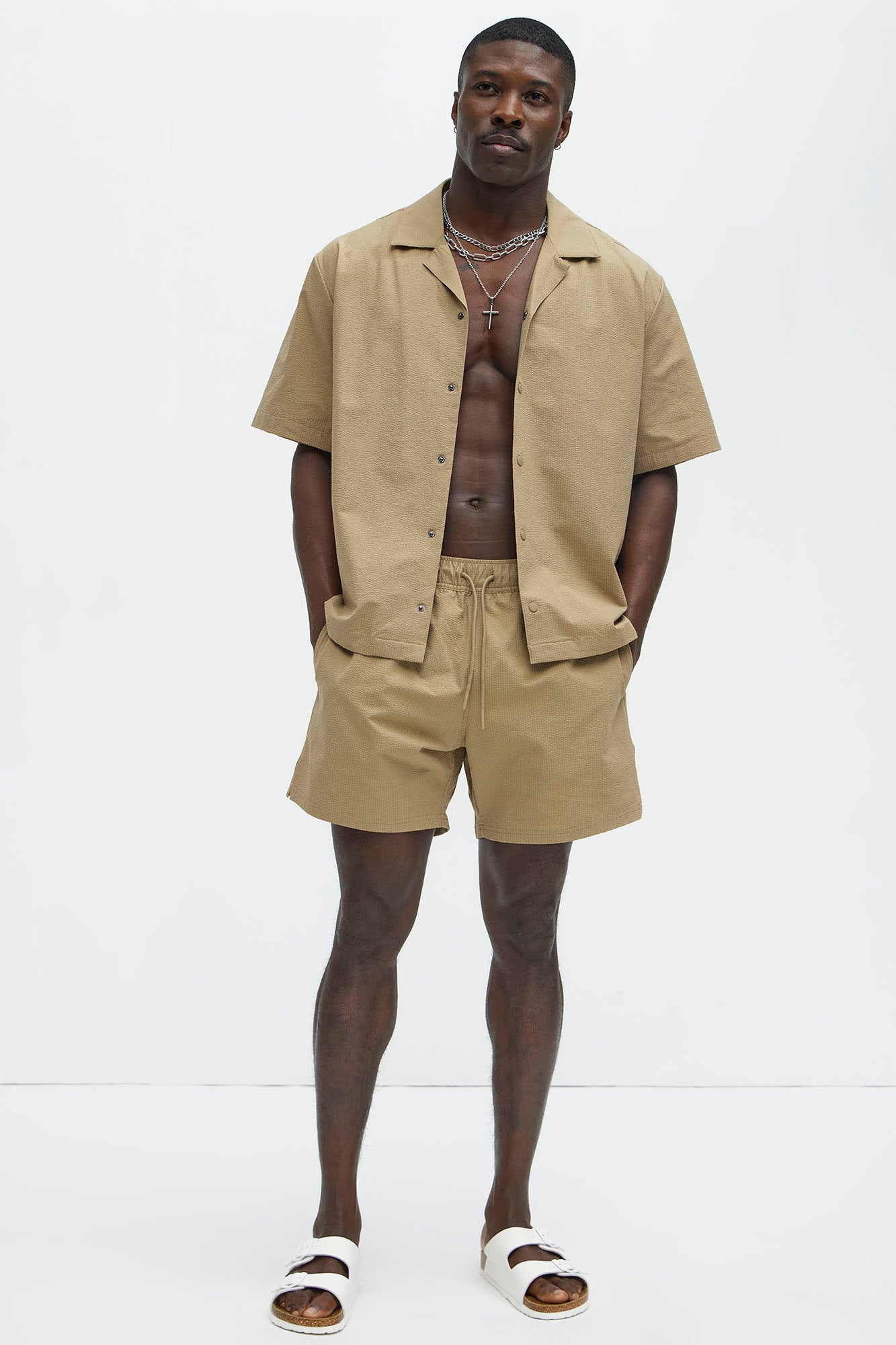 Seersucker Swim Trunk 6″ - Khaki