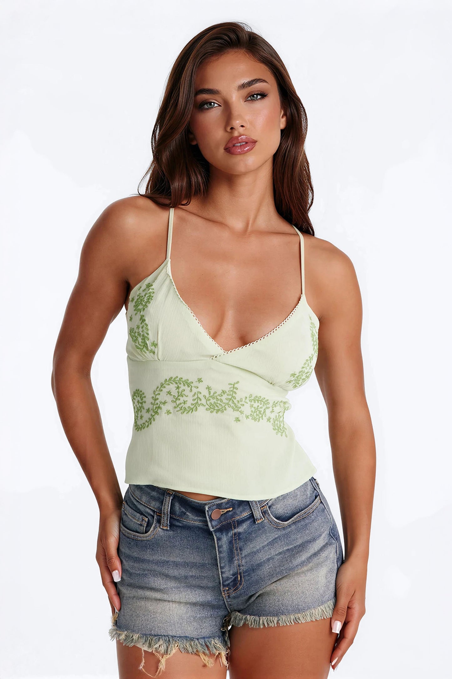 Lemonade Lips Embroidered Chiffon Top - Green NEWFASHIONEDGE