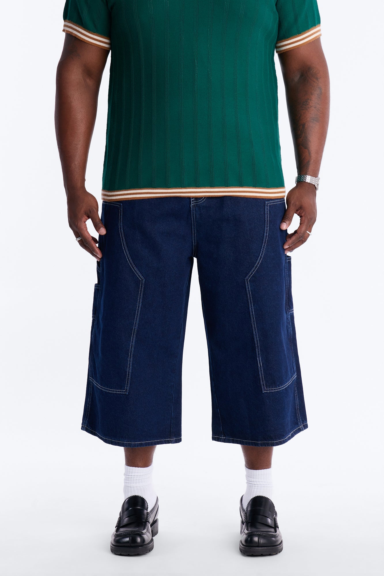 Super Baggy Button Drop Denim Shorts - Dark Wash