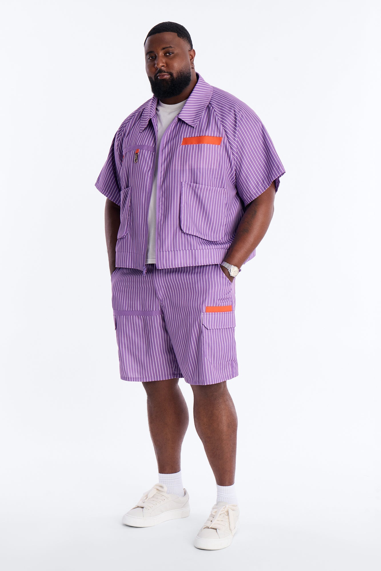 Boxy Cropped Desert Dunes Striped Button Up Shirt - Purple