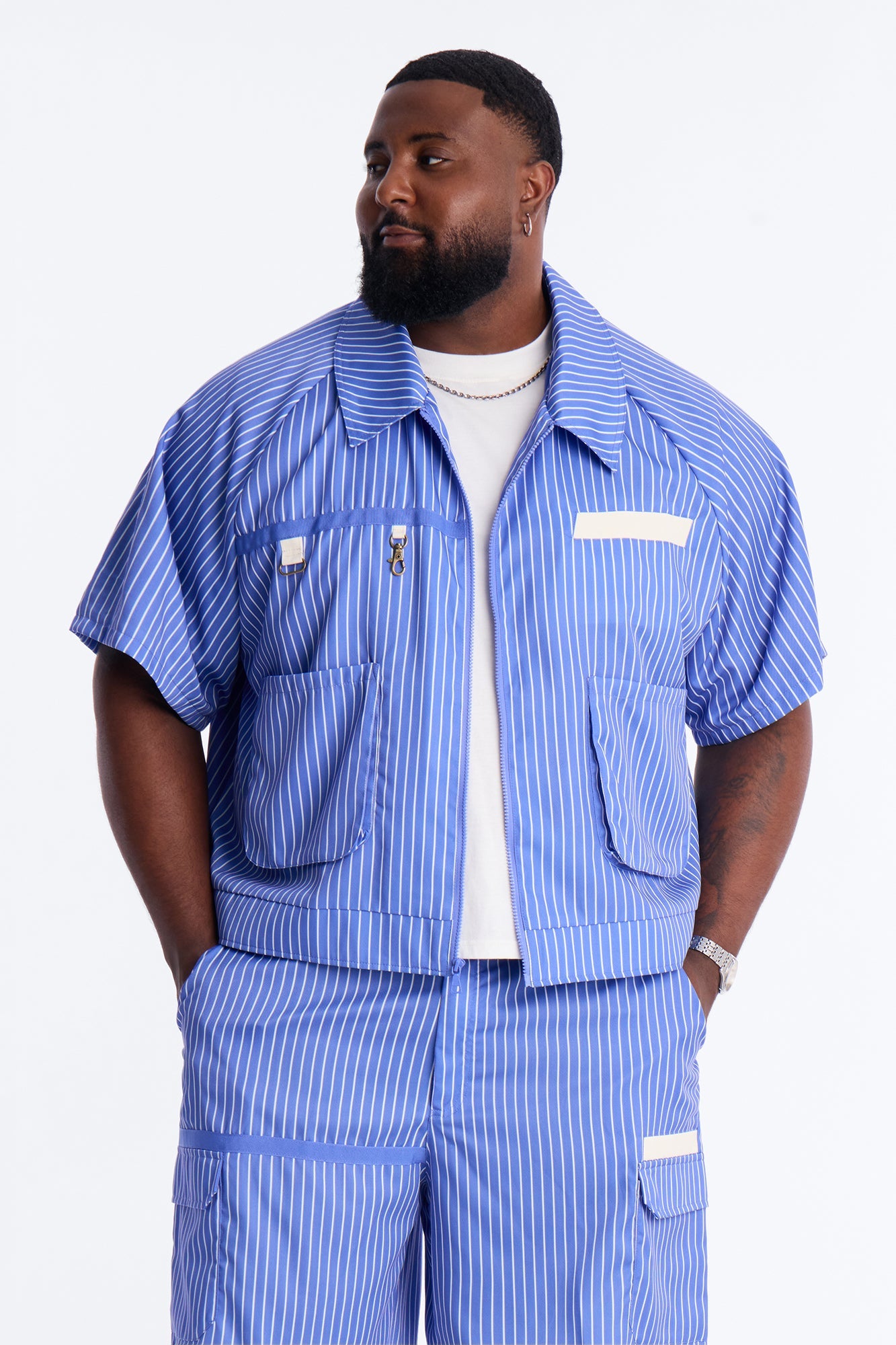 Boxy Cropped Desert Dunes Striped Button Up Shirt - Blue