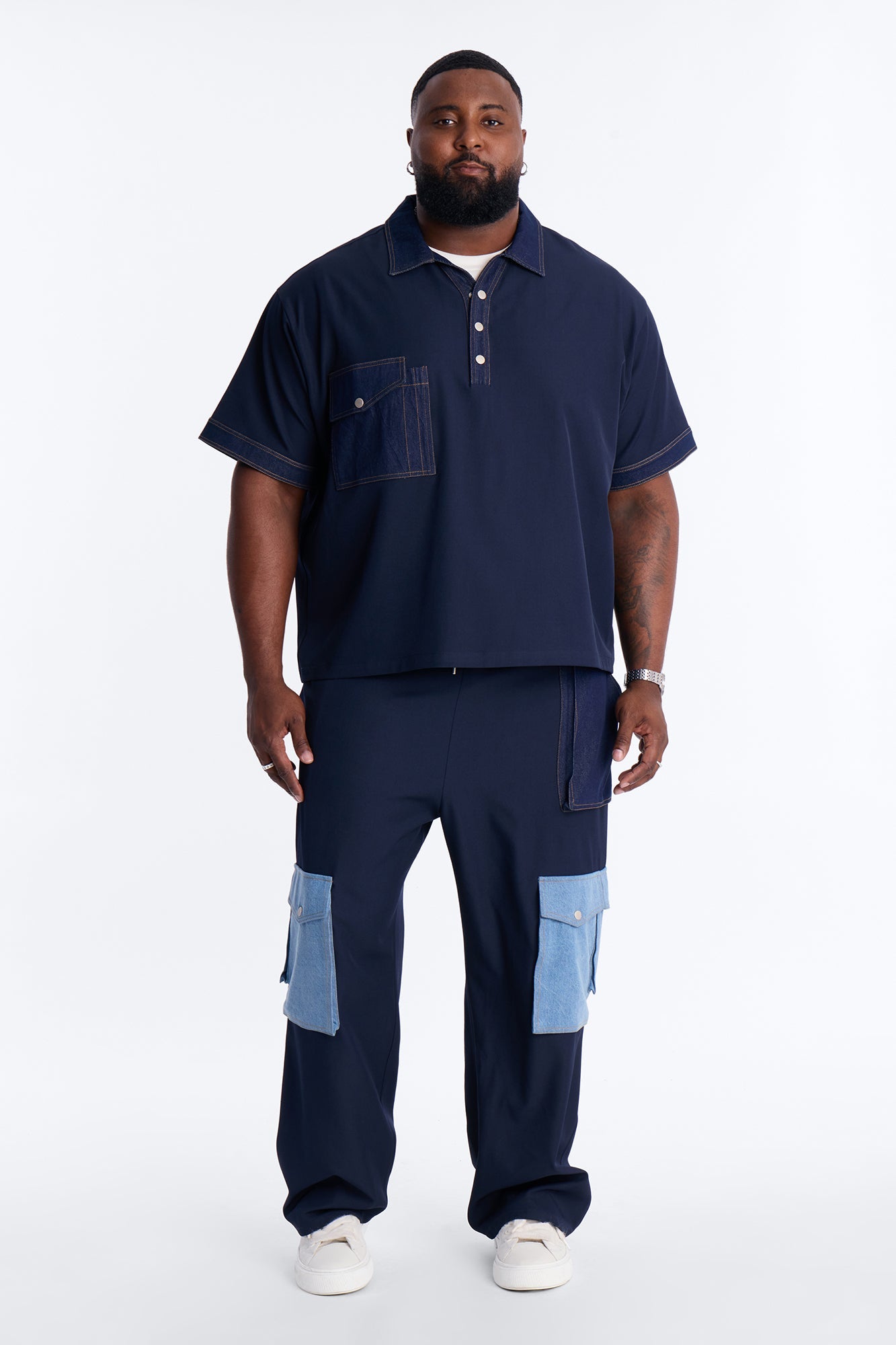 Baggy Blueprint Contrast Cargo Pant - Indigo