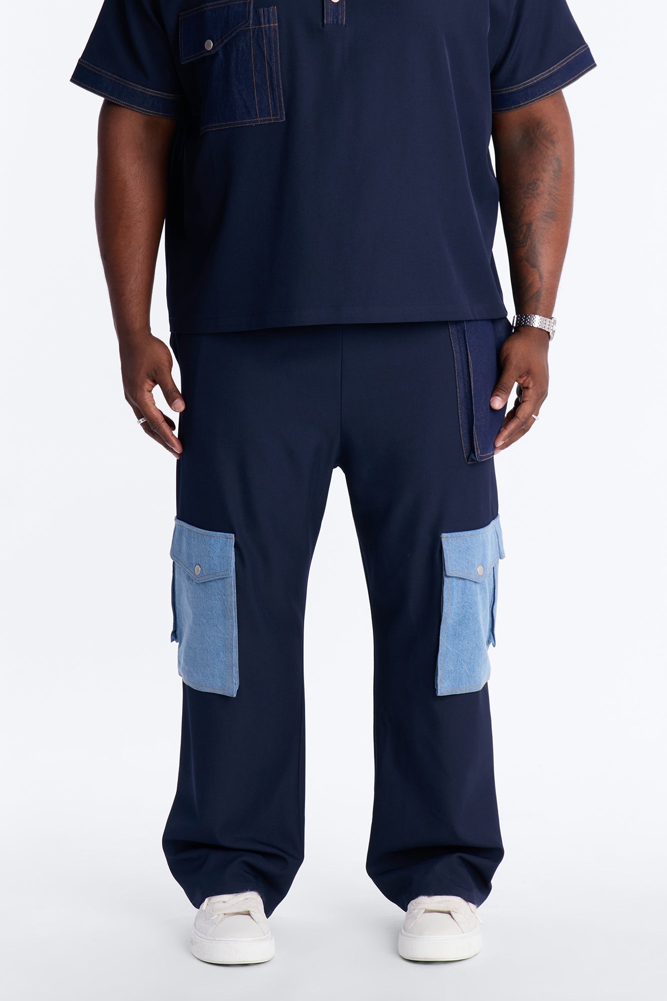 Baggy Blueprint Contrast Cargo Pant - Indigo