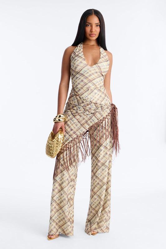Ava Mesh Plaid Waist Scarf Jumpsuit - Brown