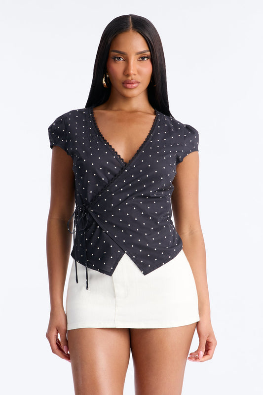 Adeline Surplice Neck Polka Dot Top - Black/combo