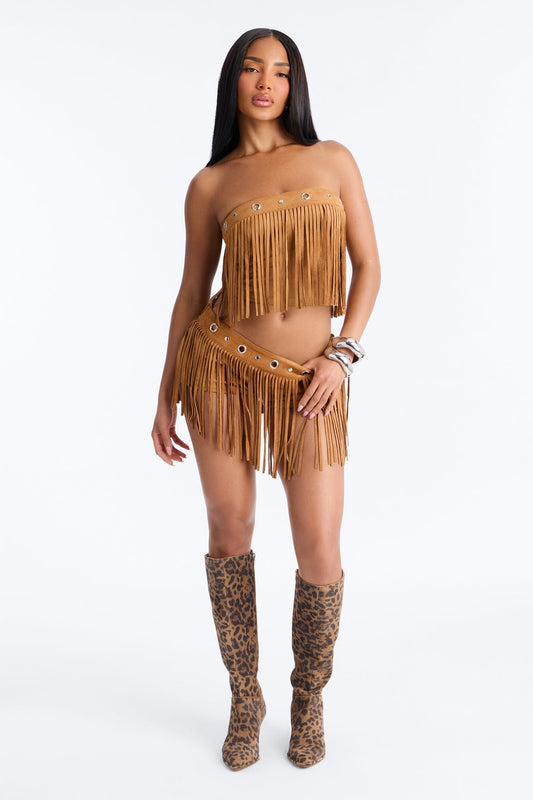 See My Swag Faux Suede Fringe Short Set - Cognac