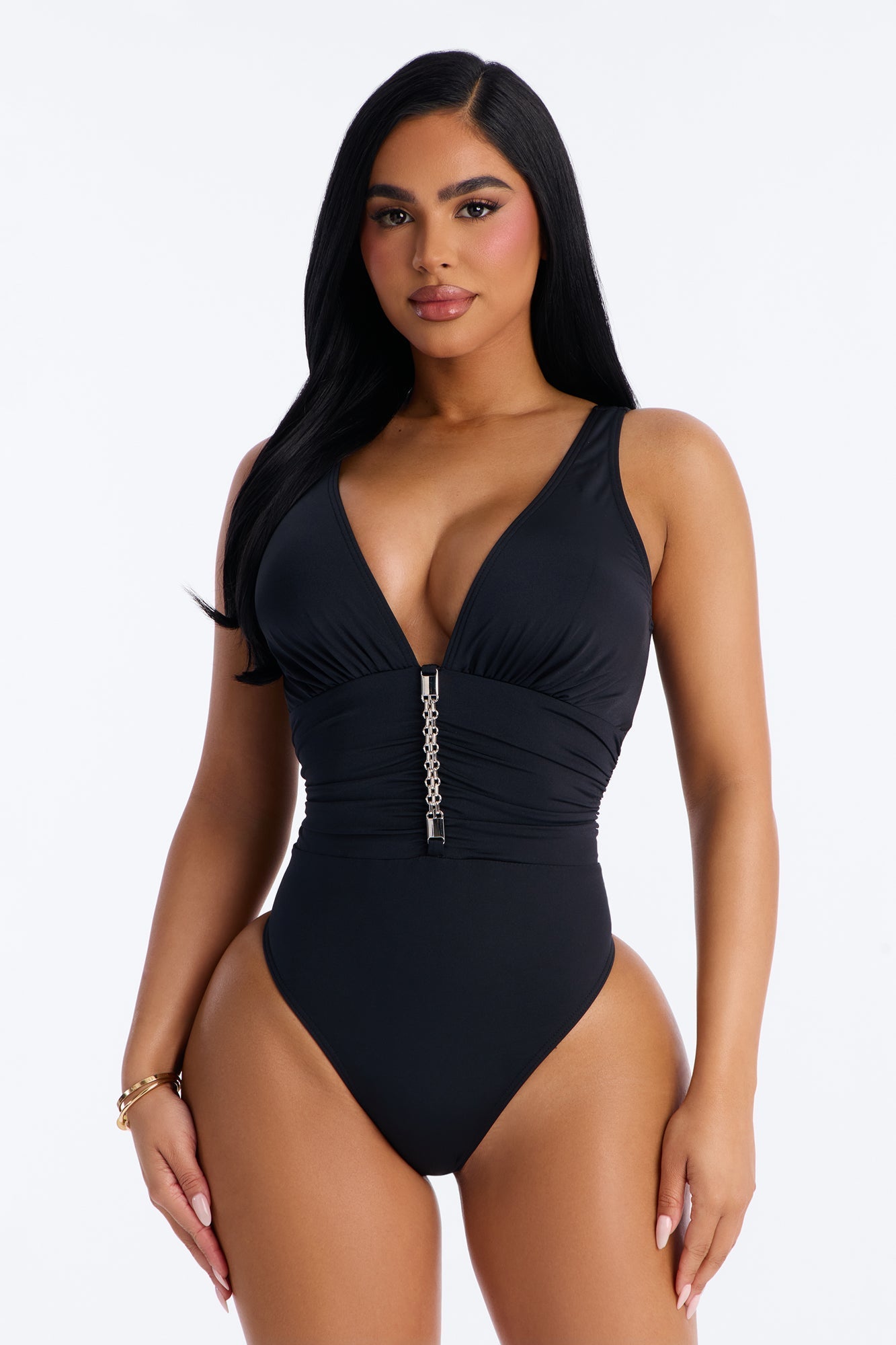 Shore Walks Ruching Hardware 1 Piece Swimsuit - Black NEWFASHIONEDGE