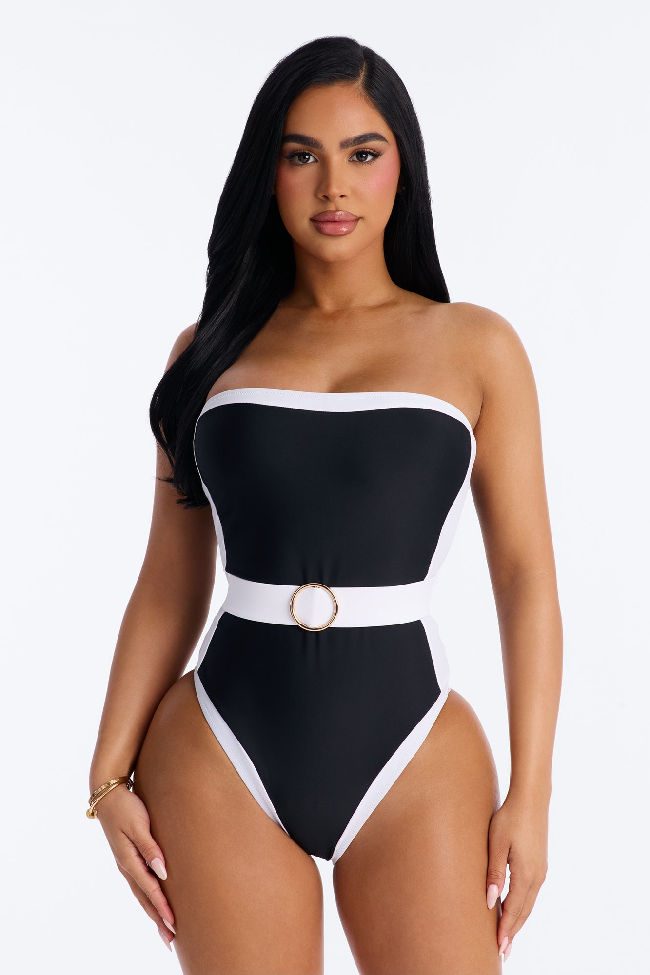 Sunny Days Colorblock Hardware Strapless 1 Piece Swimsuit - Black/White NEWFASHIONEDGE