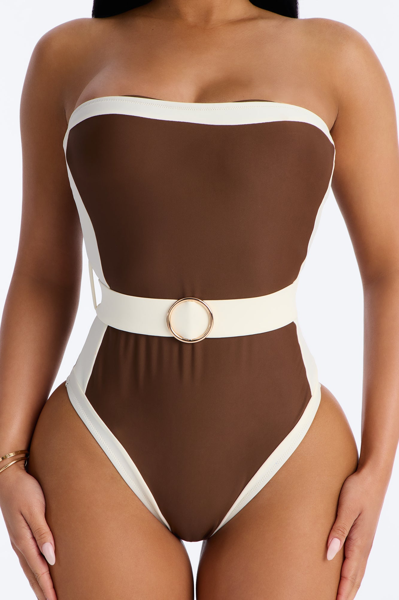 Sunny Days Colorblock Hardware Strapless 1 Piece Swimsuit - Brown/combo