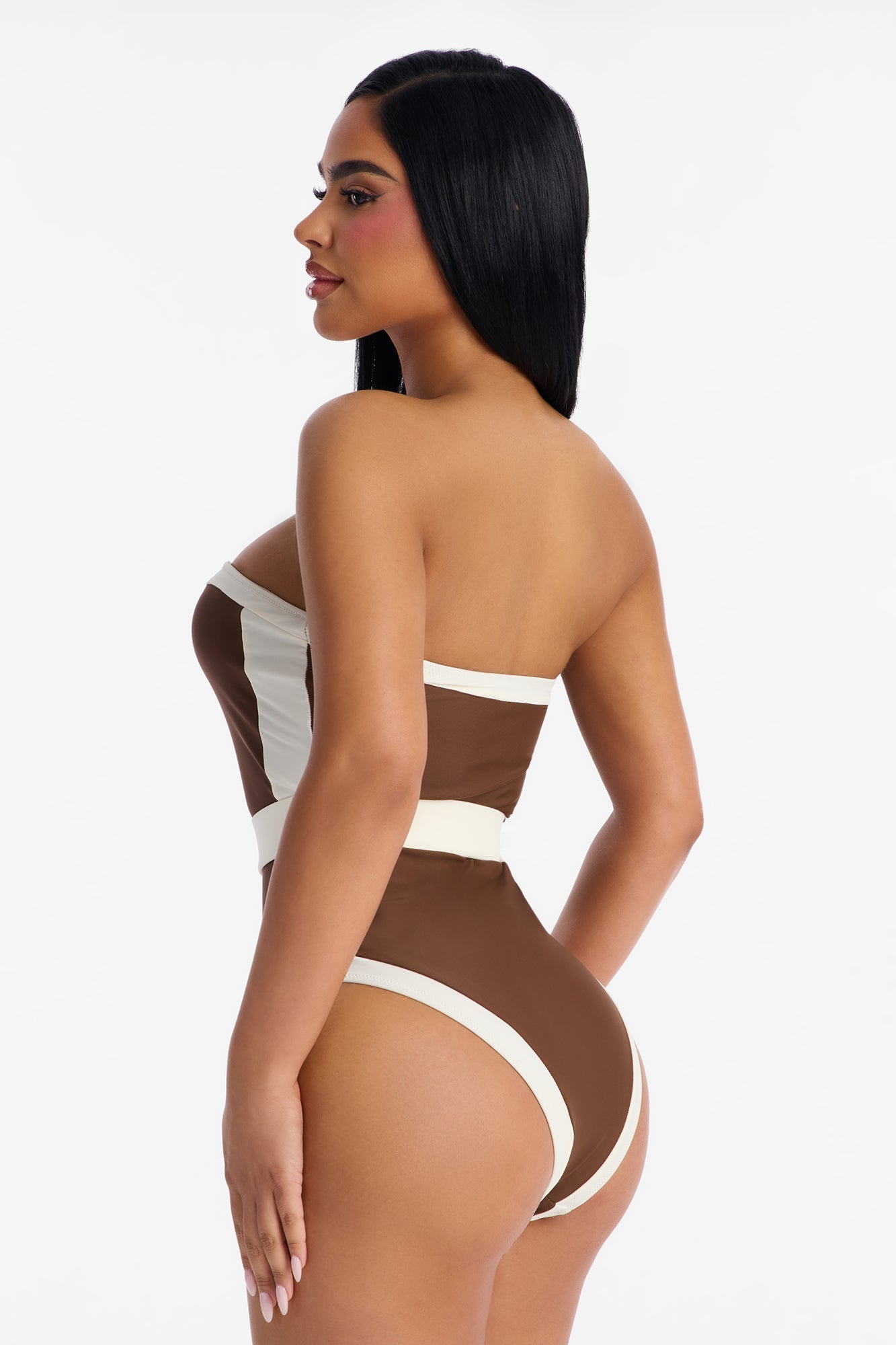 Sunny Days Colorblock Hardware Strapless 1 Piece Swimsuit - Brown/combo NEWFASHIONEDGE