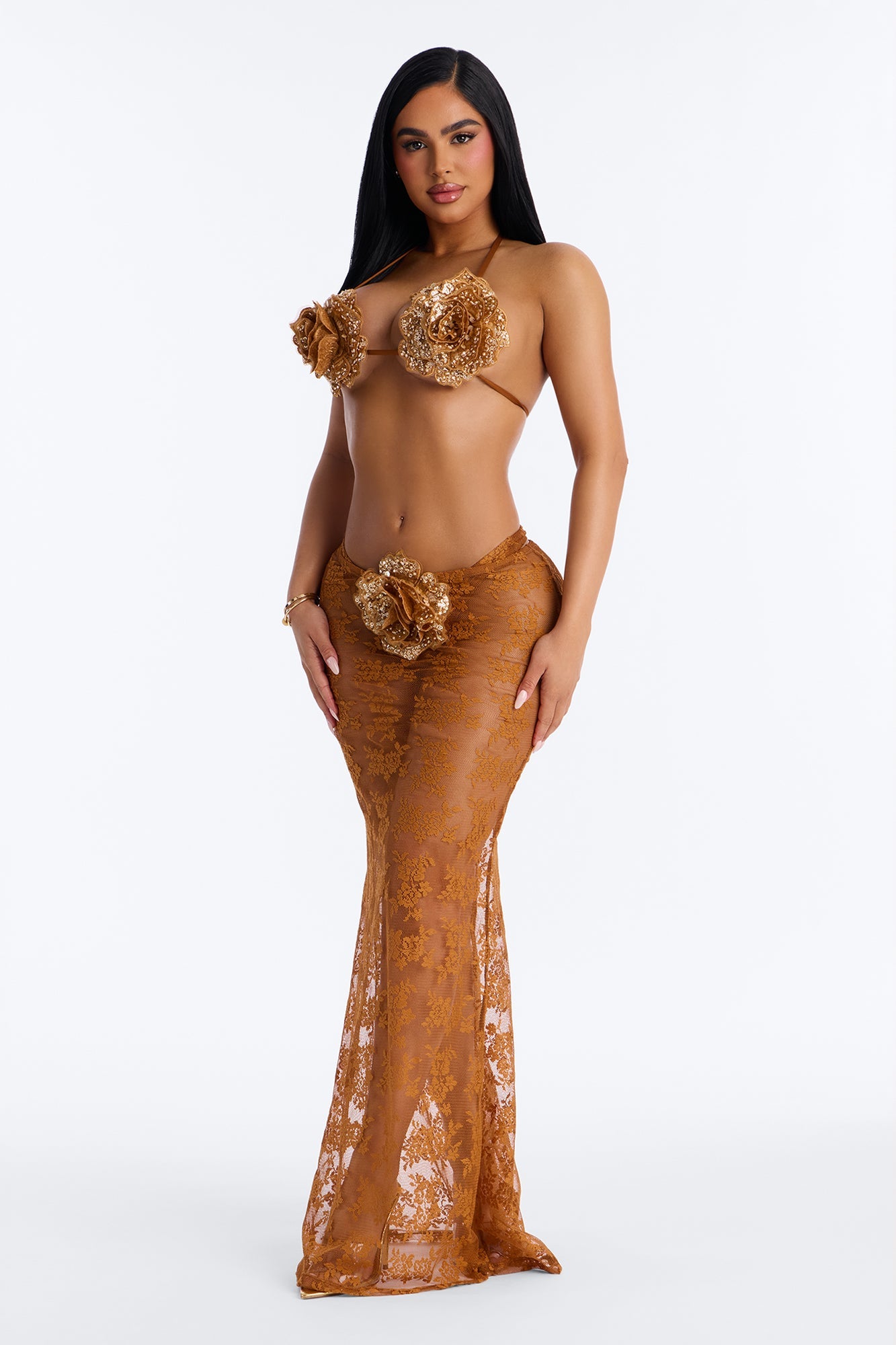 Flower Fever Sequin Applique 3 Piece Bikini Skirt Set - Brown Fashion Nova