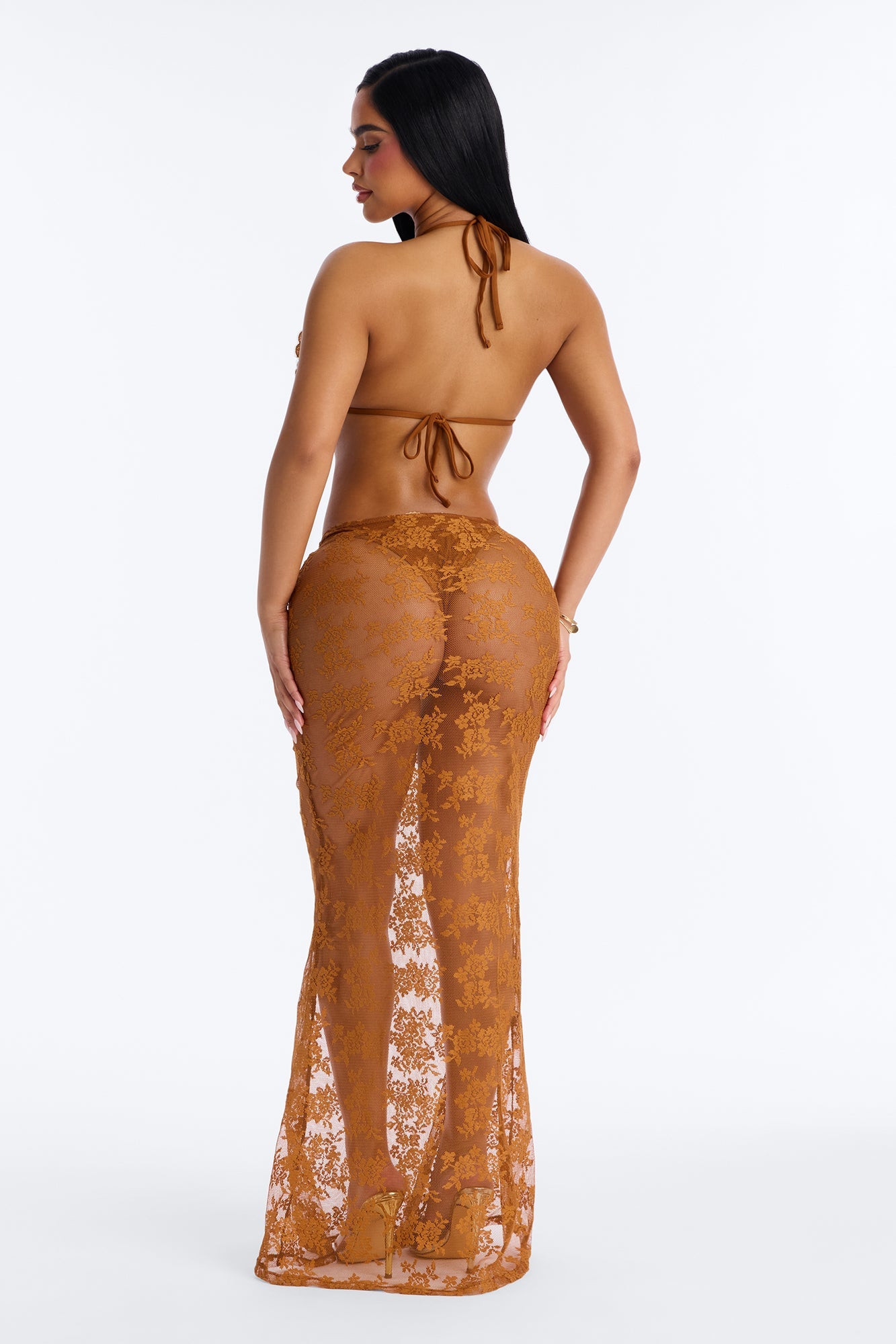 Flower Fever Sequin Applique 3 Piece Bikini Skirt Set - Brown Fashion Nova