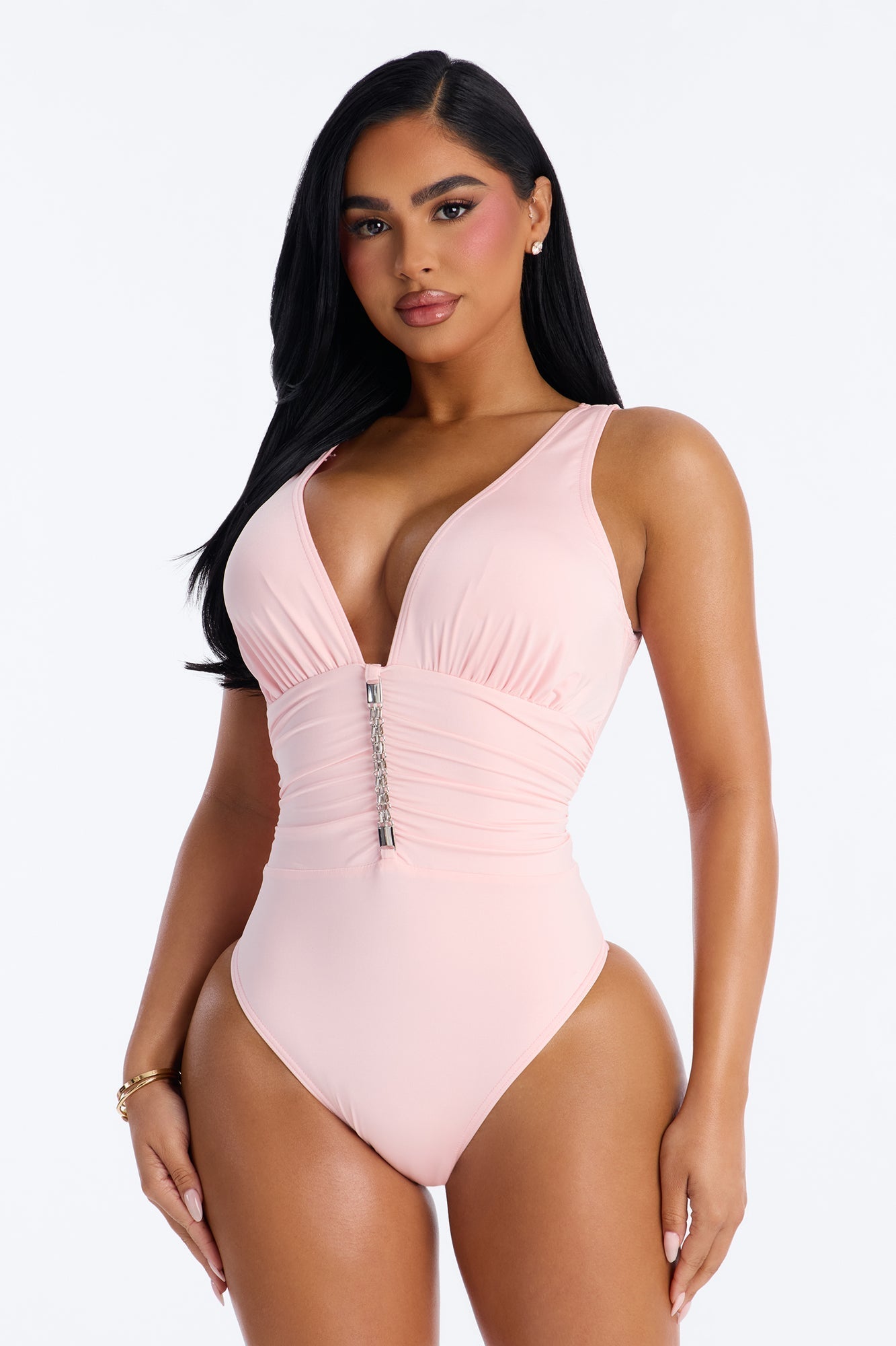 Shore Walks Ruching Hardware 1 Piece Swimsuit - Light Pink NEWFASHIONEDGE
