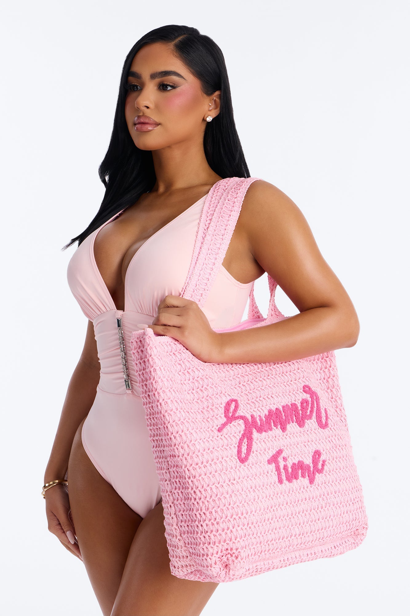 Summer Time Straw Tote And Wristlet - Pink NEWFASHIONEDGE