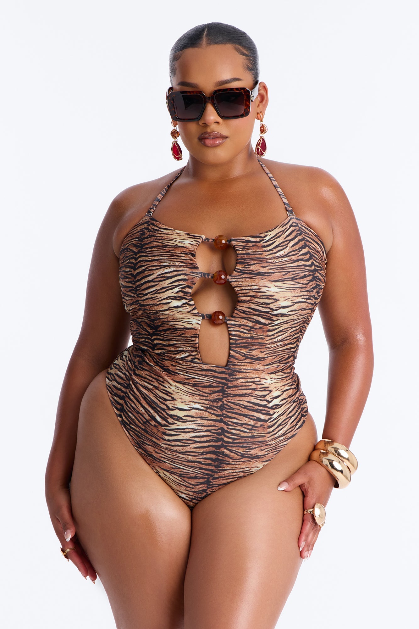 Aria Cut Out Beads 1 Piece Swimsuit - Brown/combo