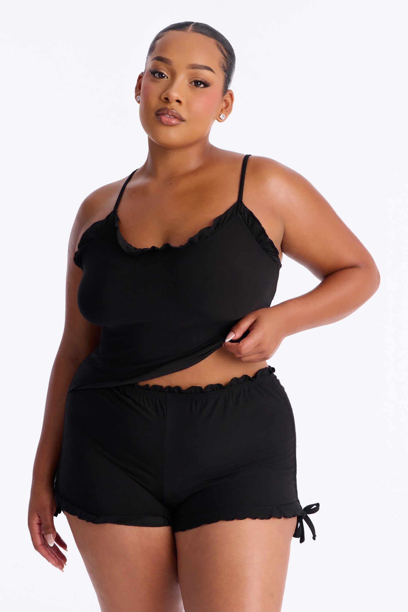 Kiss Goodnight Ruched Cami PJ Short Set - Black Fashion Nova