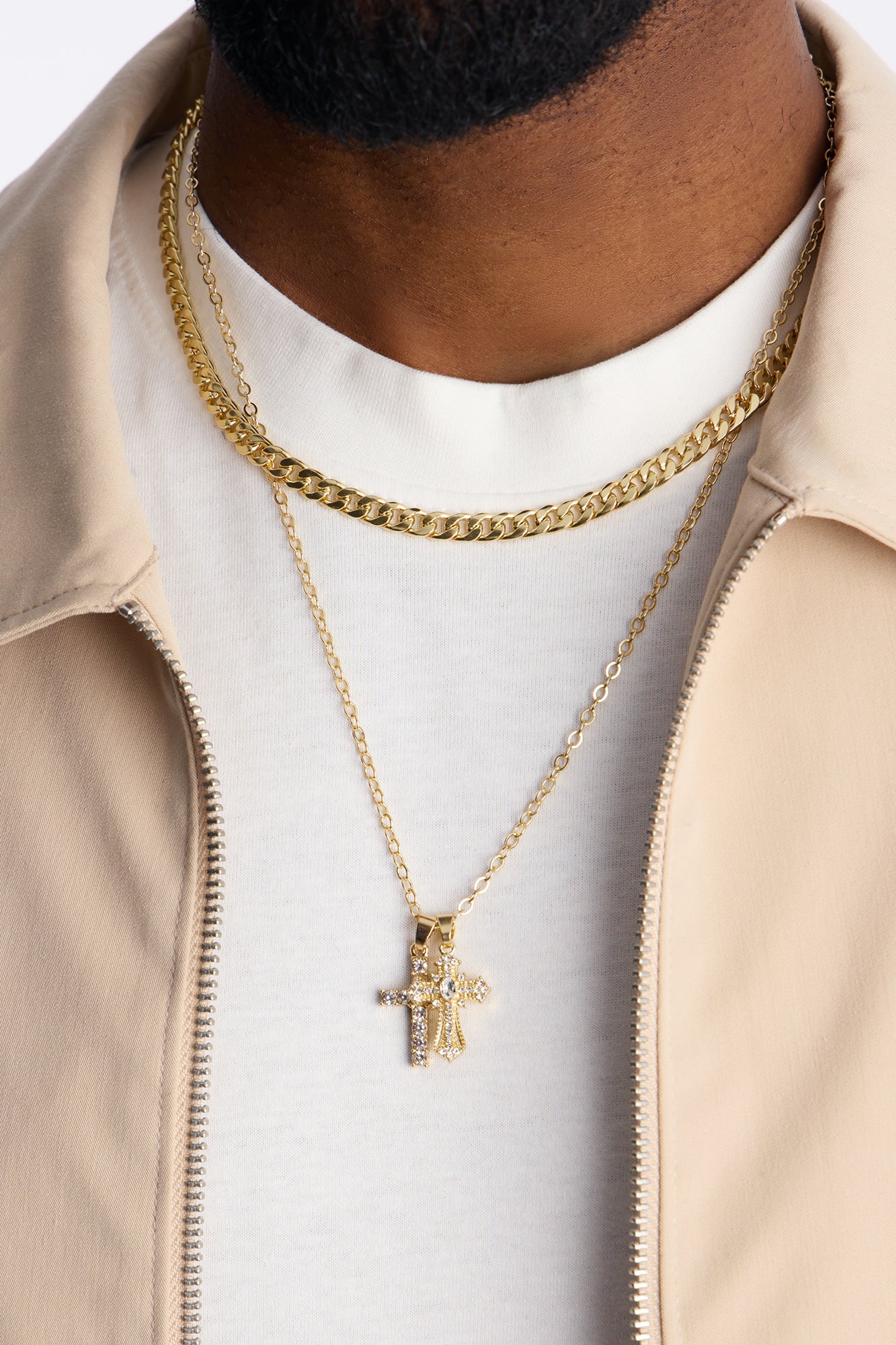 Double Crossed Chain Necklace Set - Gold