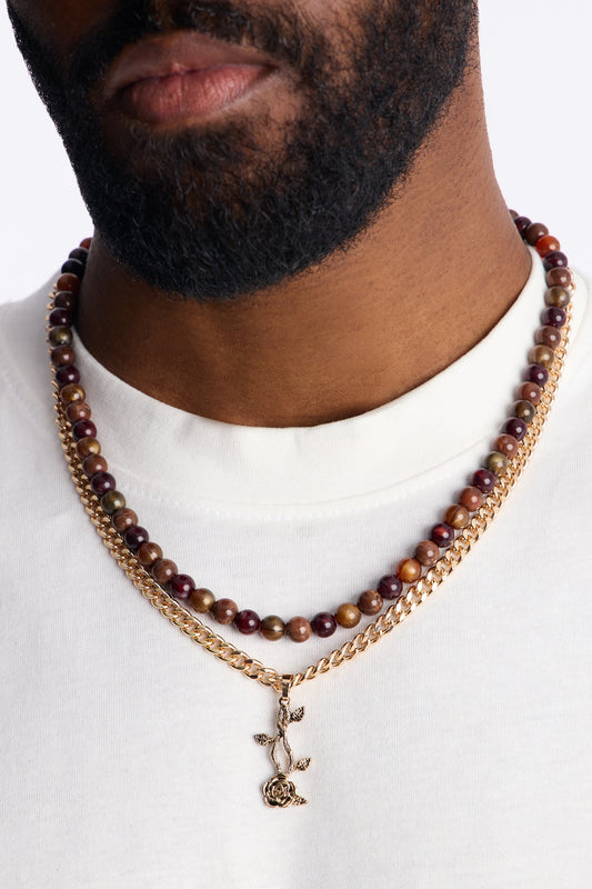 Layered Cuban Rose And Beaded Necklace Set - Gold/combo