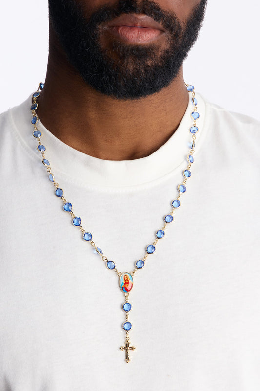 Blue Stone Rosary Necklace - Gold