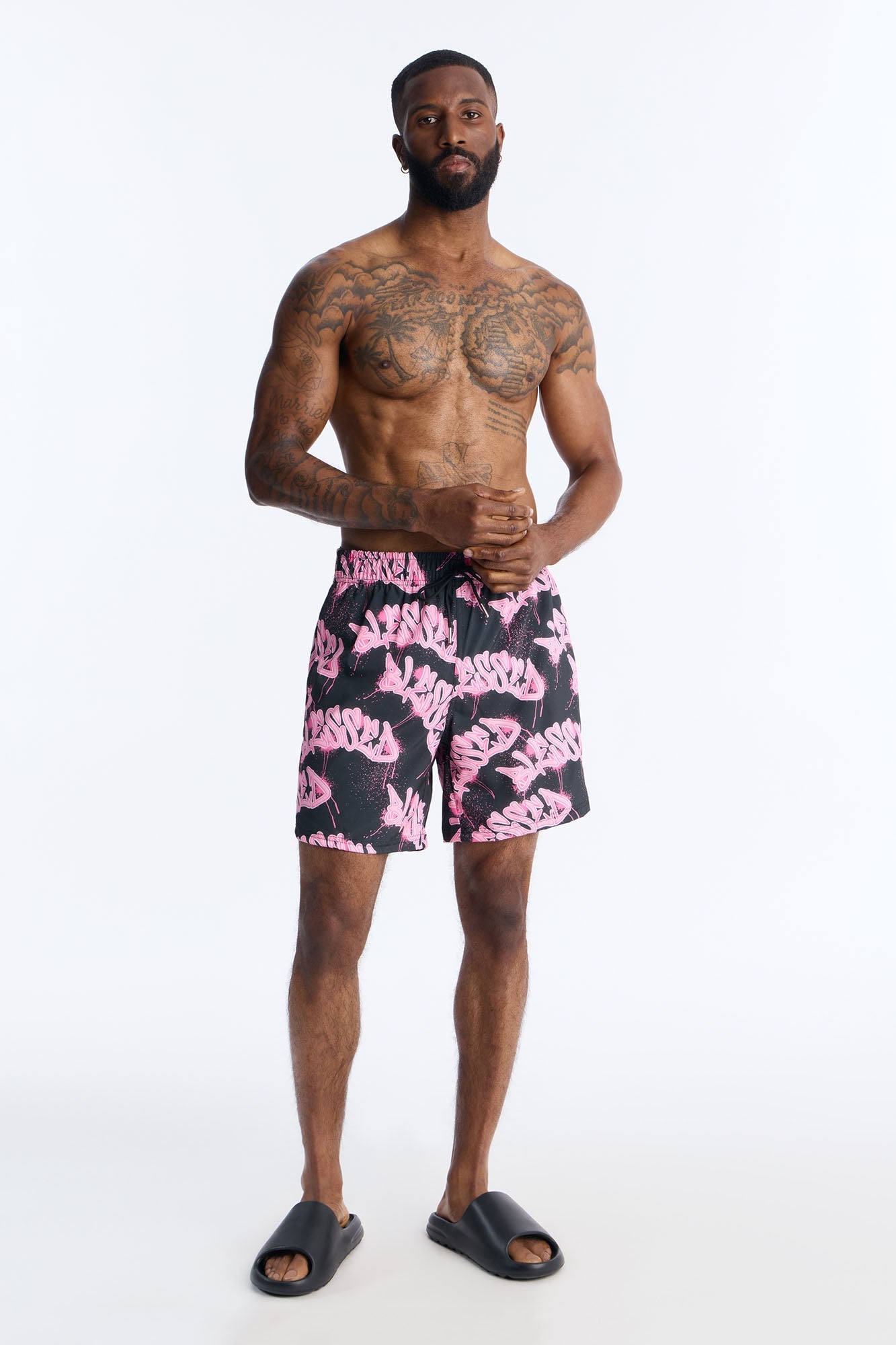 Blessed Street Graffiti Printed Swim Trunk 7″ - Black/Pink