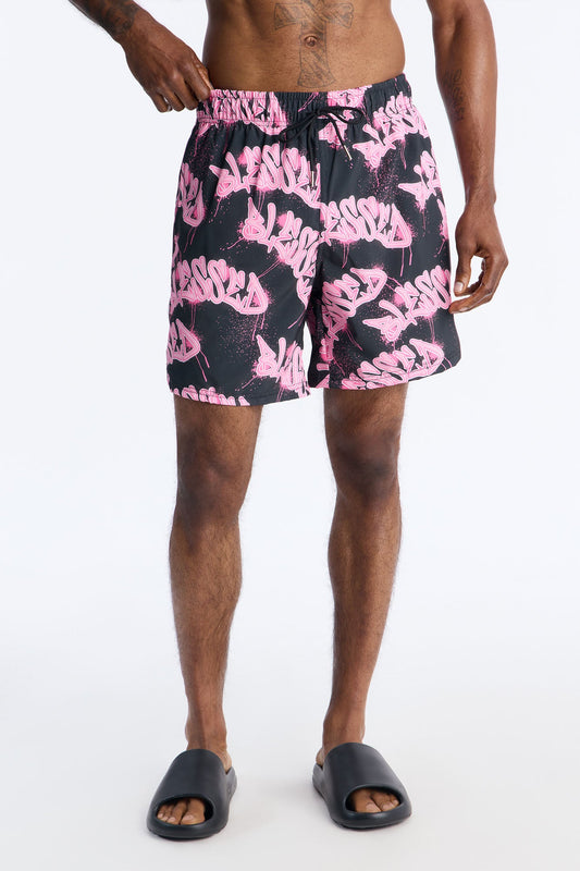 Blessed Street Graffiti Printed Swim Trunk 7″ - Black/Pink