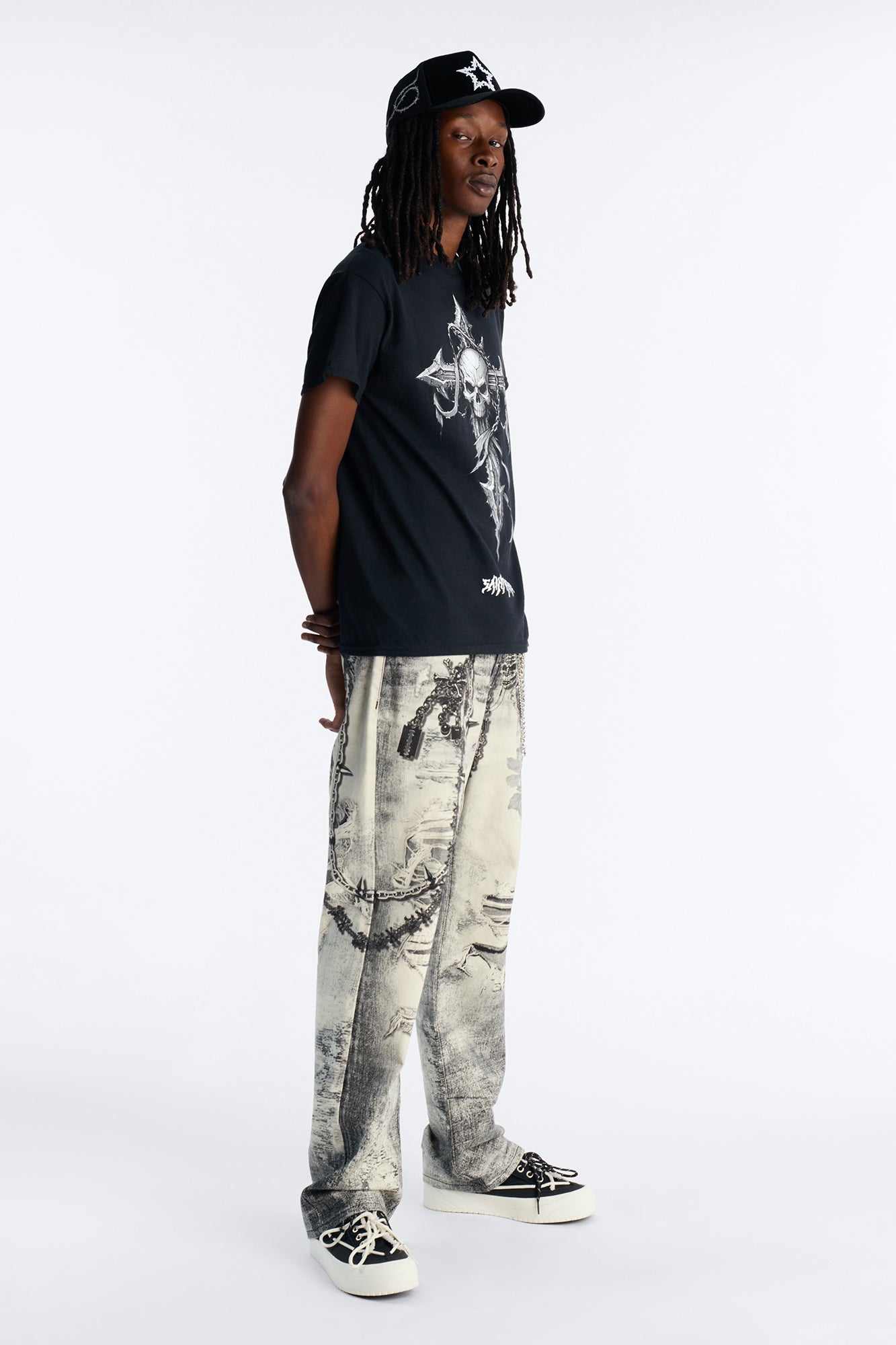 Smoke N Chains Printed Baggy Jean - Acid Wash Black
