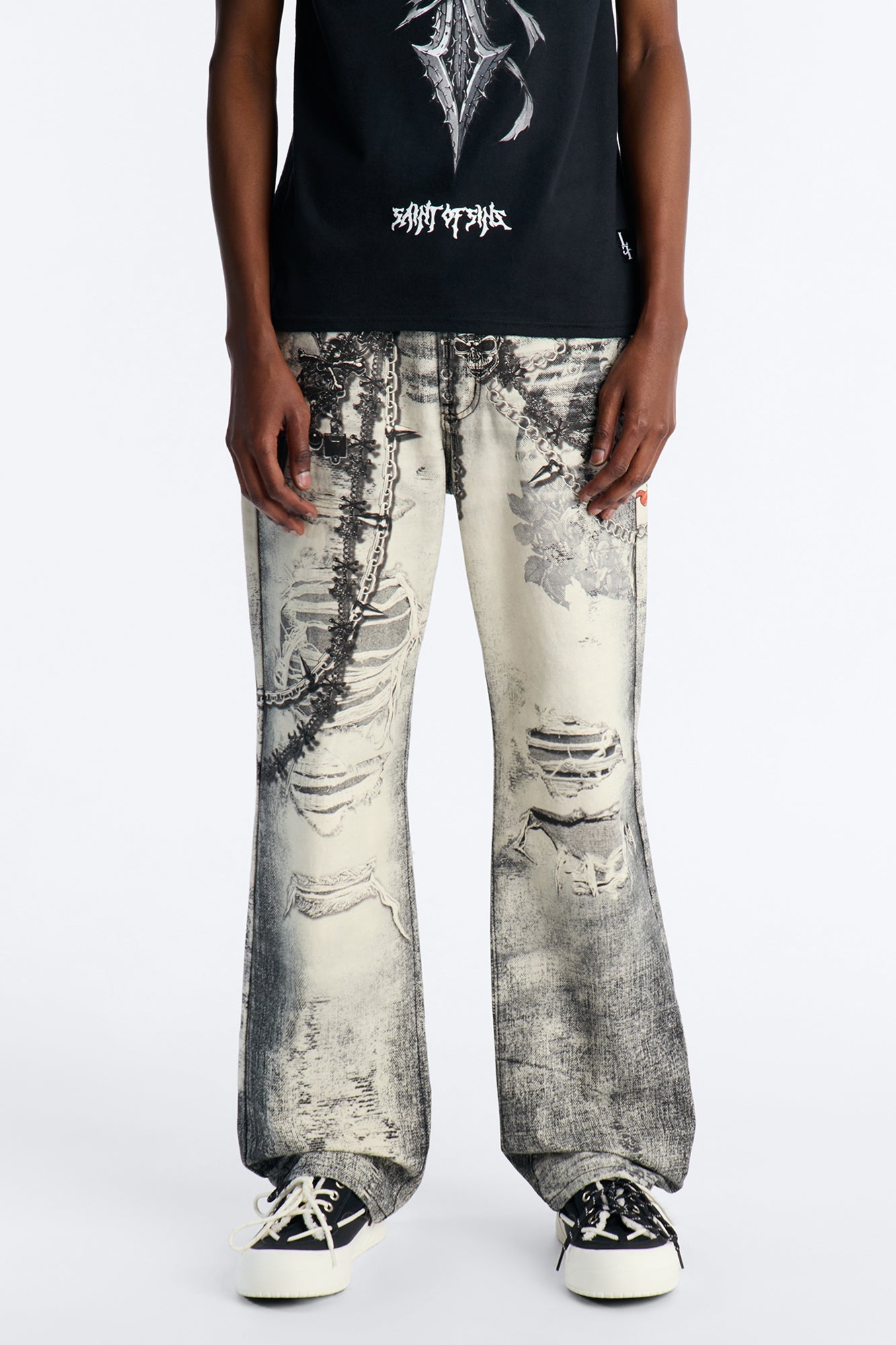 Smoke N Chains Printed Baggy Jean - Acid Wash Black