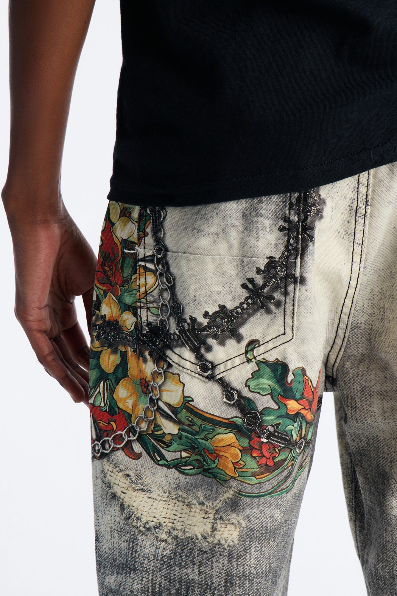 Smoke N Chains Printed Baggy Jean - Acid Wash Black