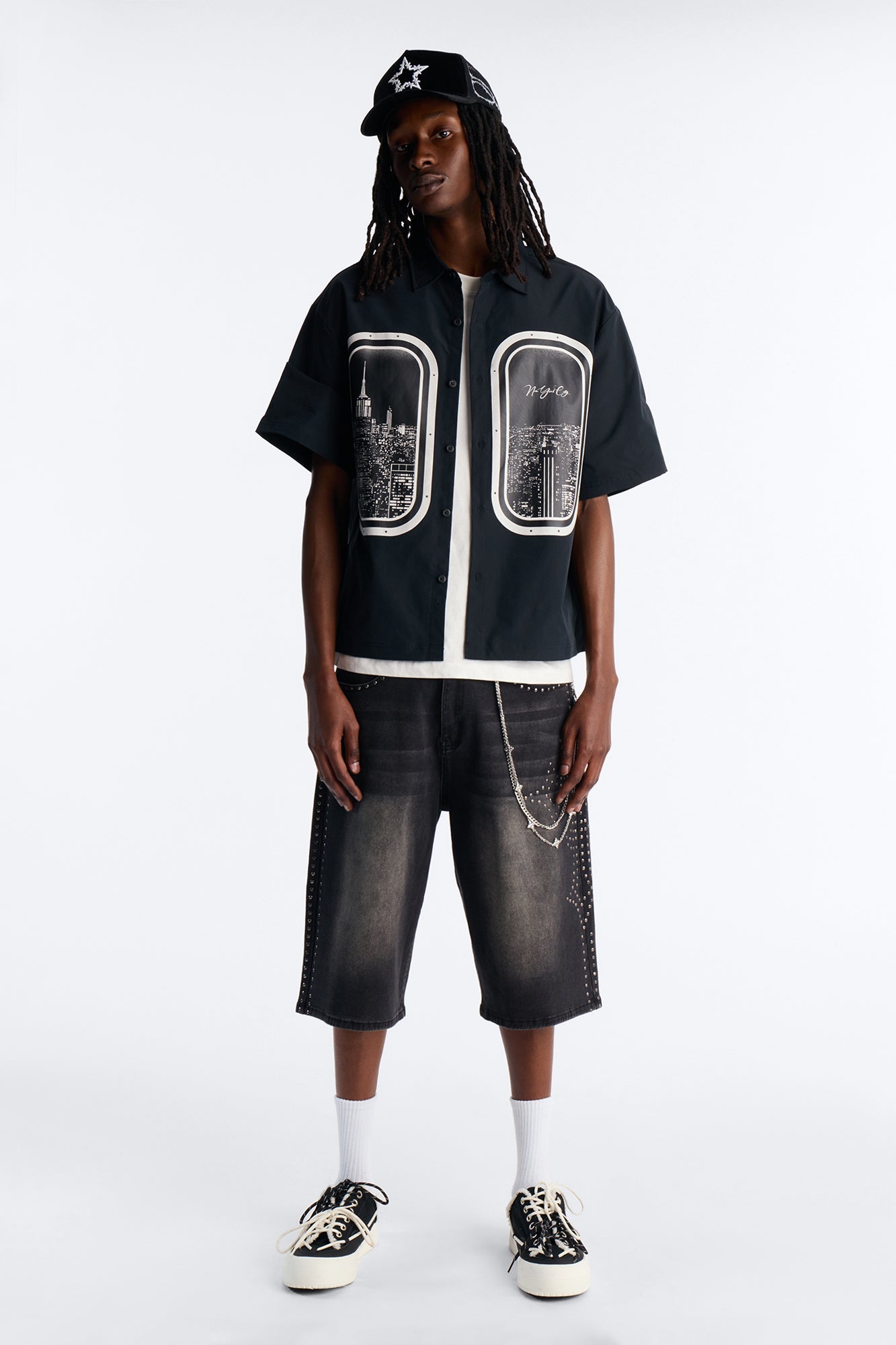 Skyline Views Short Sleeve Button Up Shirt - Black