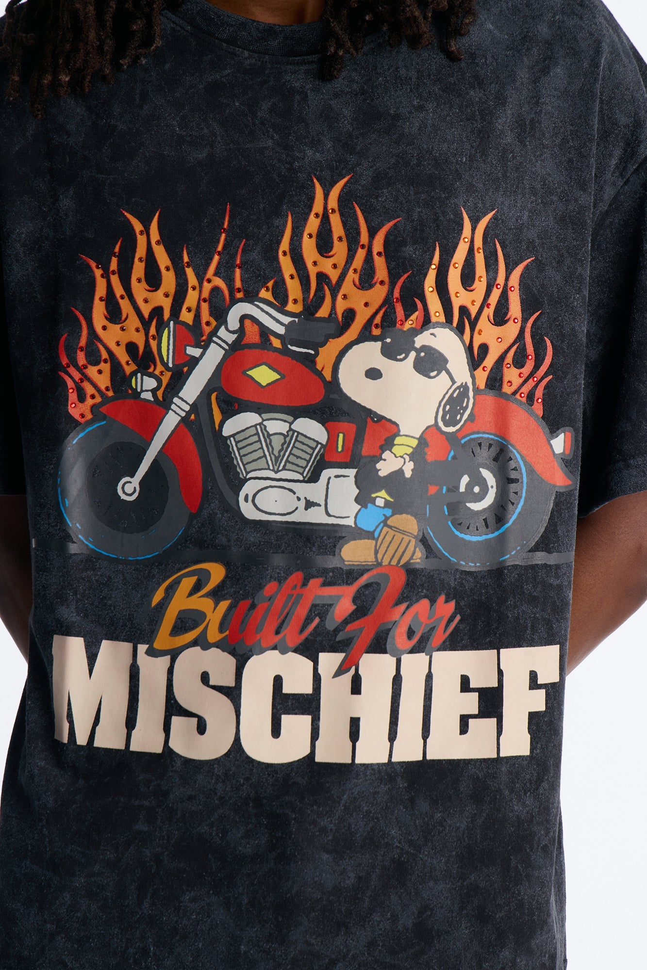Peanuts Snoopy Mischief Rhinestones Mineral Wash Fleece Tee - Black Wash