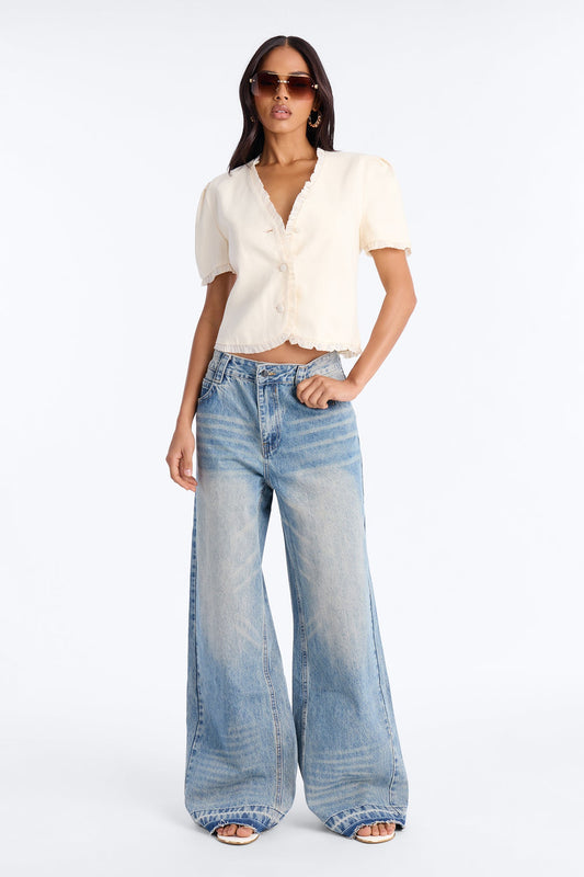 Chic With Love Ruffle Trim Linen Top - Beige