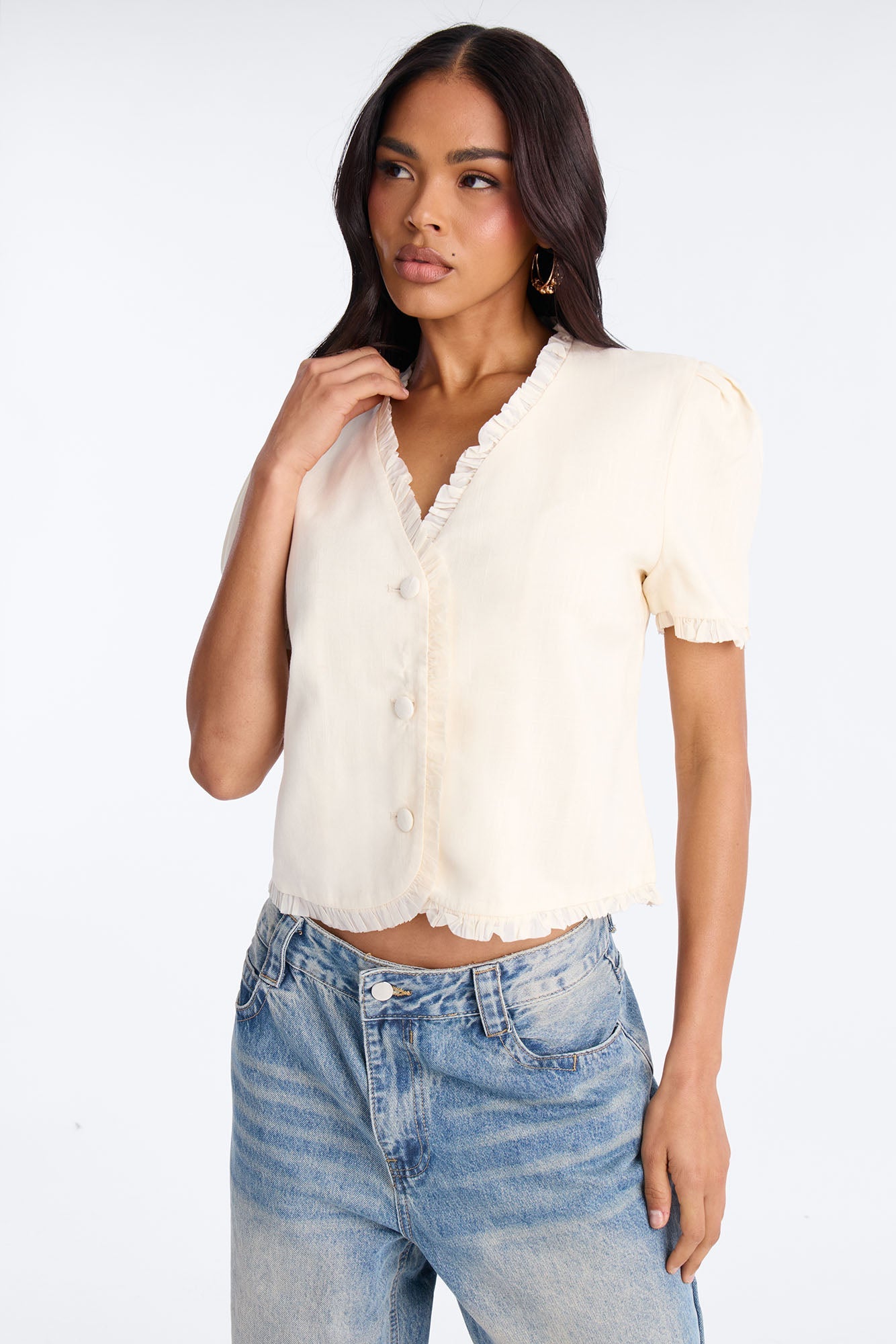 Chic With Love Ruffle Trim Linen Top - Beige