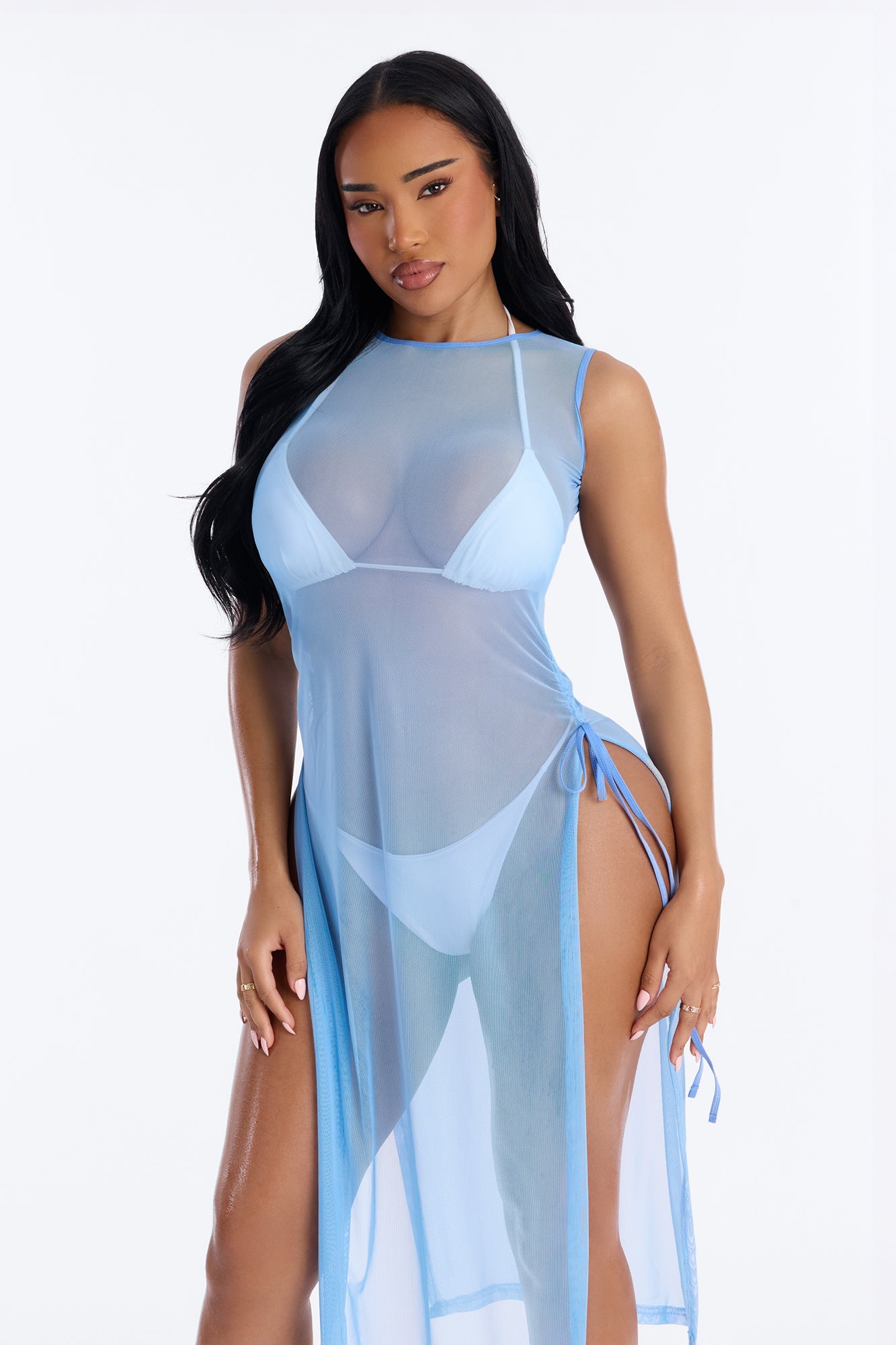 Sheer Thing Mesh Swim Cover Up Dress - Light Blue NEWFASHIONEDGE