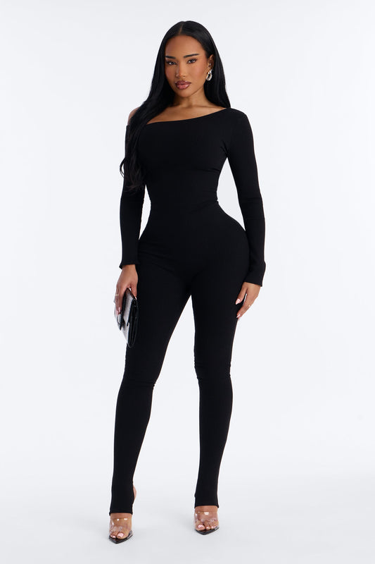 Cyndi Snatched Jumpsuit With Footie - Black