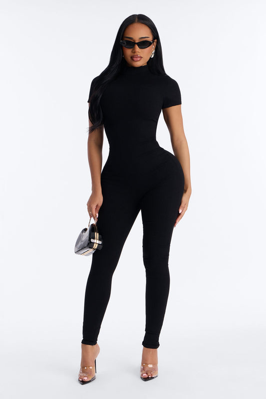 Maribel Short Sleeve Snatched Jumpsuit - Black