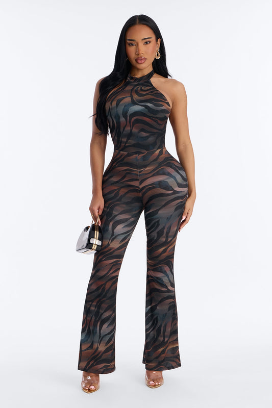Zea Backless Animal Flare Leg Jumpsuit - Black/combo