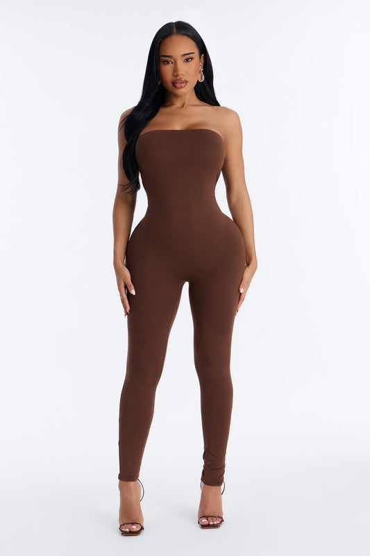 Body Language Skinny Strapless Catsuit - Brown