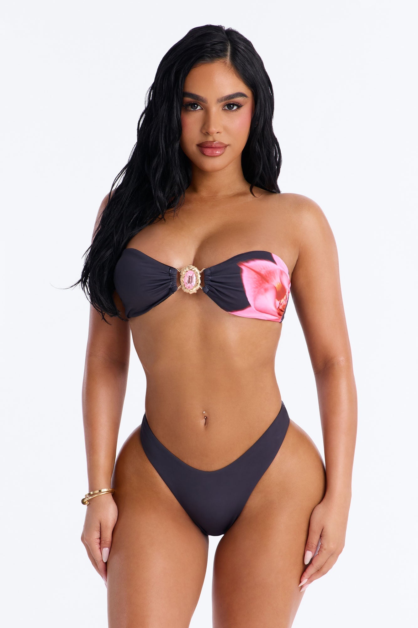 Let Then Show Hardware Low Scoop Slit 3 Piece Bikini Dress Set - Black/Pink NEWFASHIONEDGE